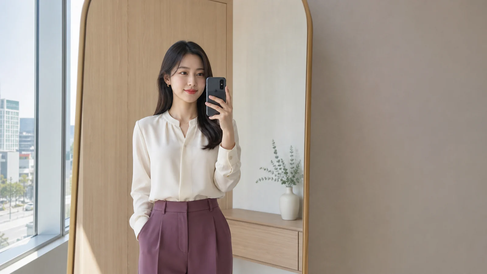 실내 전신거울 앞에서 휴대전화 메모를 확인하는 성인 여성
