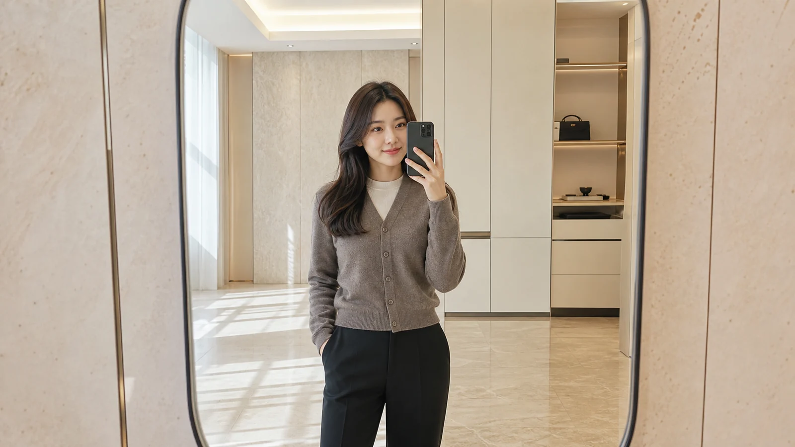 밝은 방의 거울 앞에서 두 사람의 이용 항목을 휴대전화로 확인하는 성인 여성