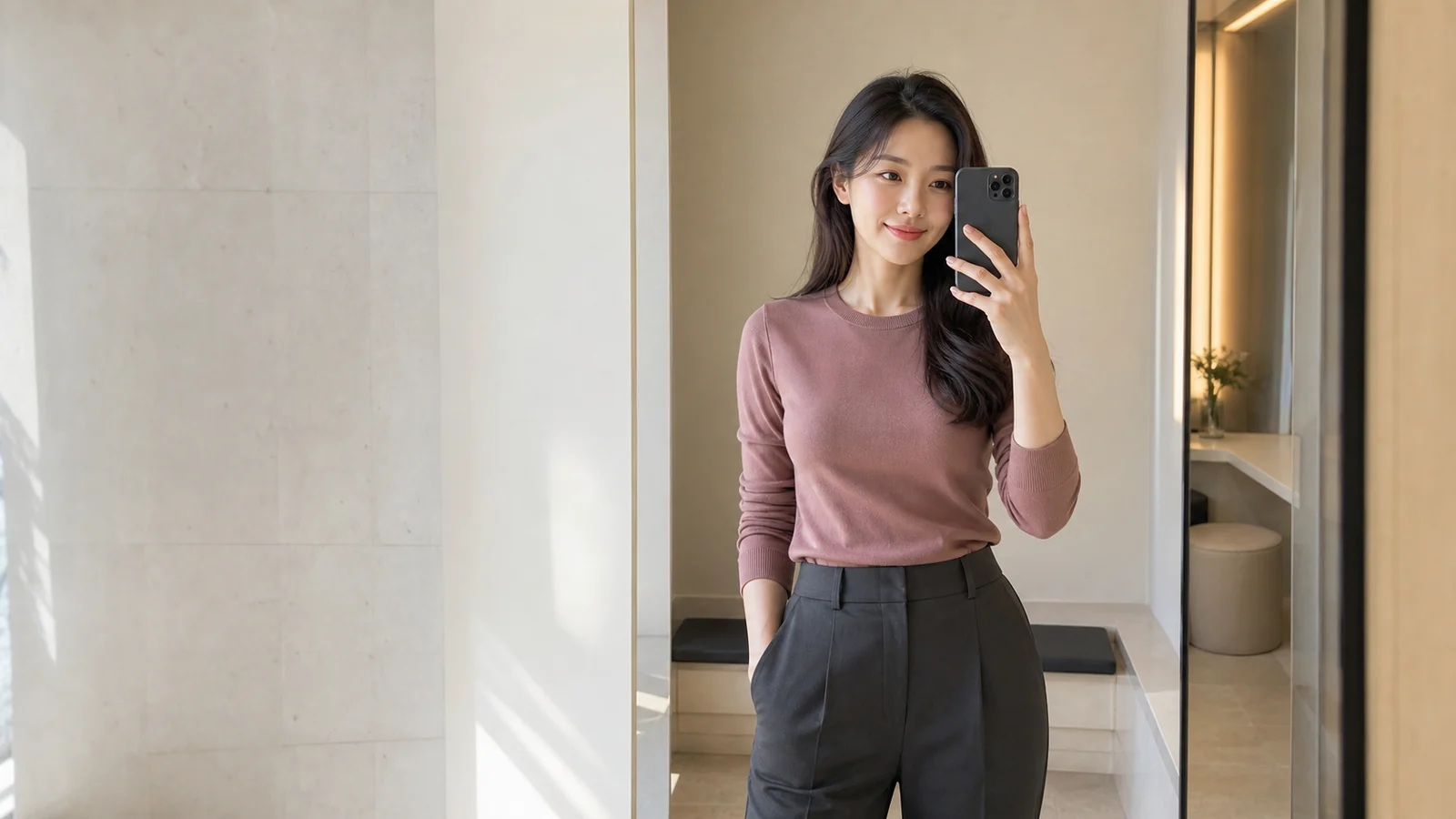 거울 앞에서 휴대전화를 확인하는 성인 한국 여성